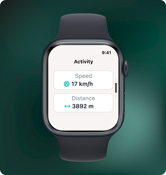 Smartwatch activity screen showing speed and distance