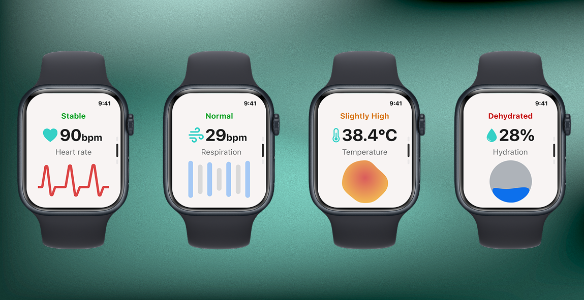Smartwatch health feedback showing heart rate respiration temperature and hydration